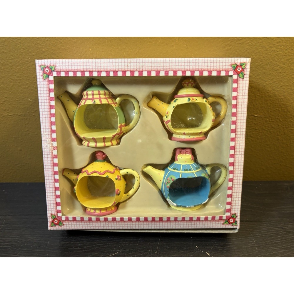 Vintage Mary Engelbreit Time for Tea Hand Painted Napkin Rings Set Of 4 1997